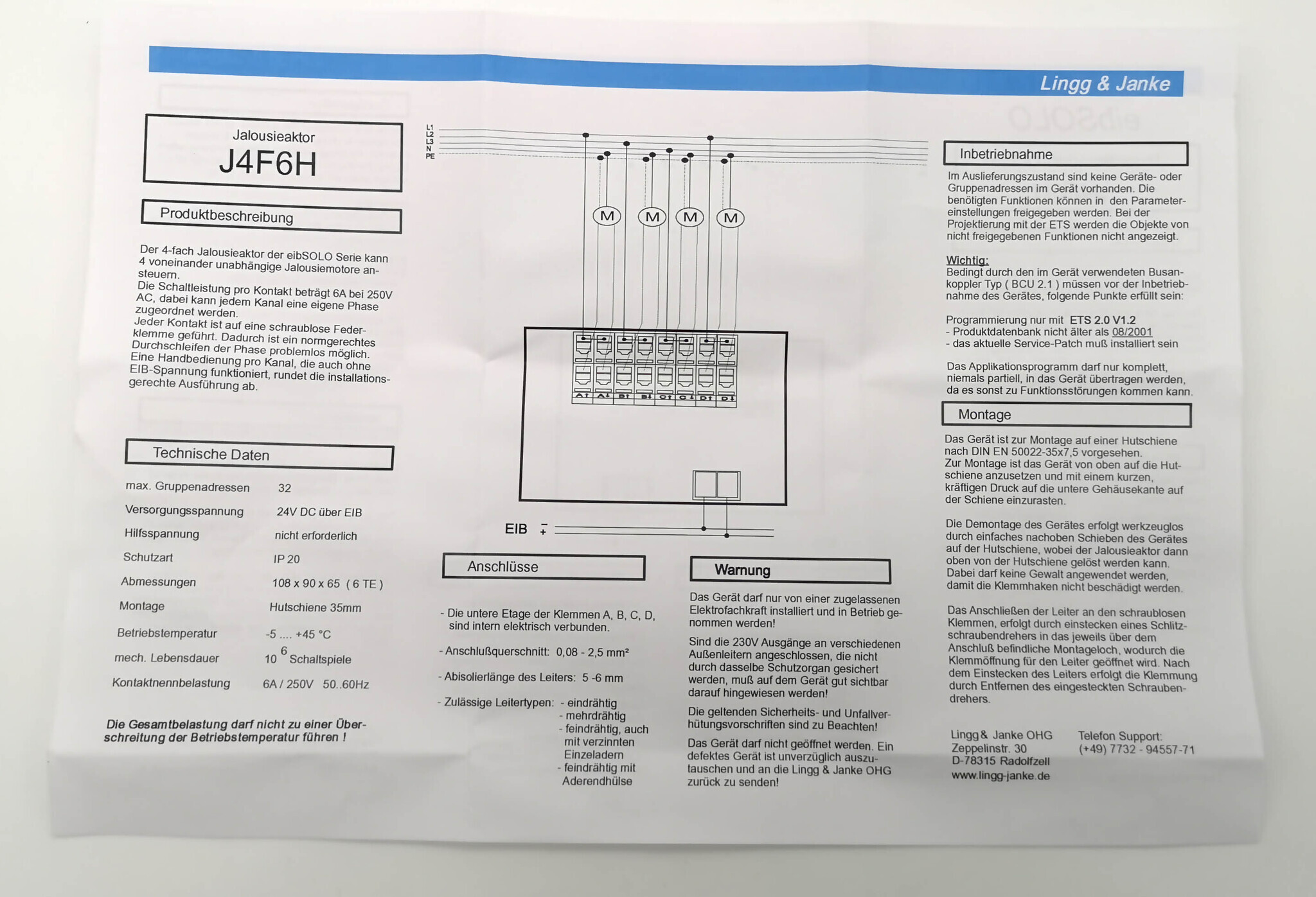 Модуль управления жалюзи KNX, LINGG-JANKE J4F6H 89400 4x канальный Standart, 6А / 250В~