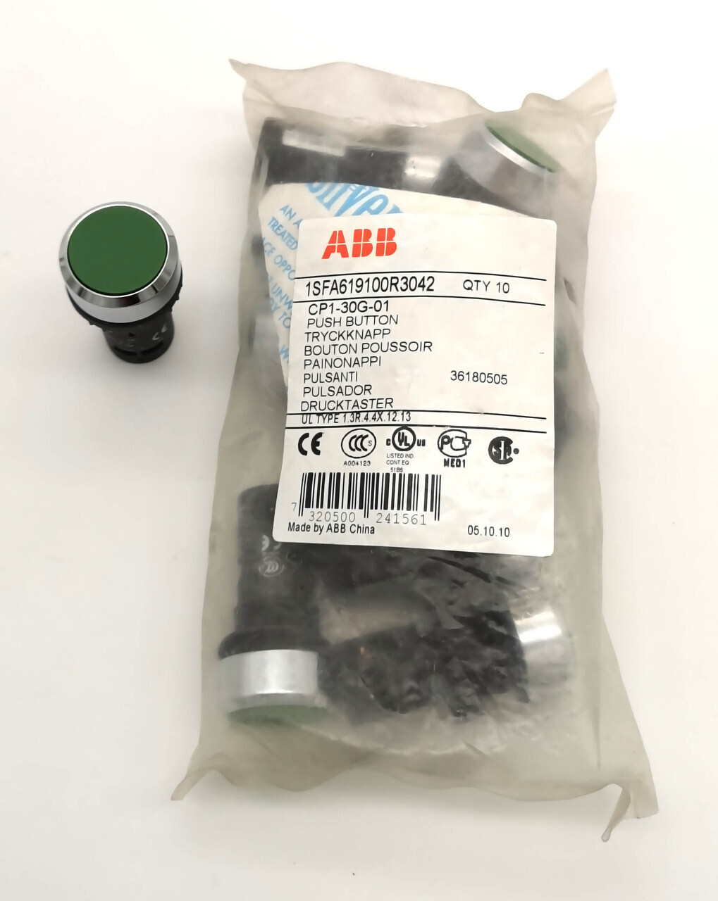 Кнопка зеленая без фиксации ABB CP1-30G-01, 1НЗ 1SFA619100R3042
