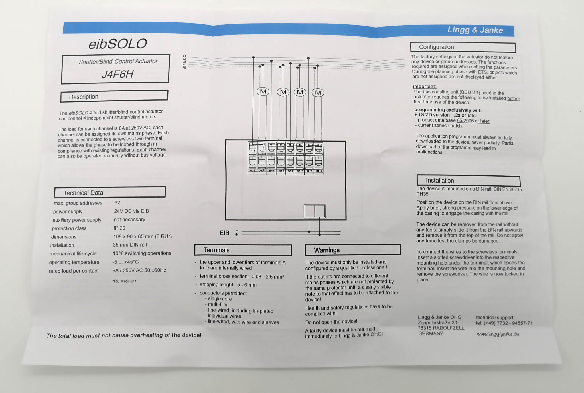 Модуль управления жалюзи KNX, LINGG-JANKE J4F6H 89400 4x канальный Standart, 6А / 250В~