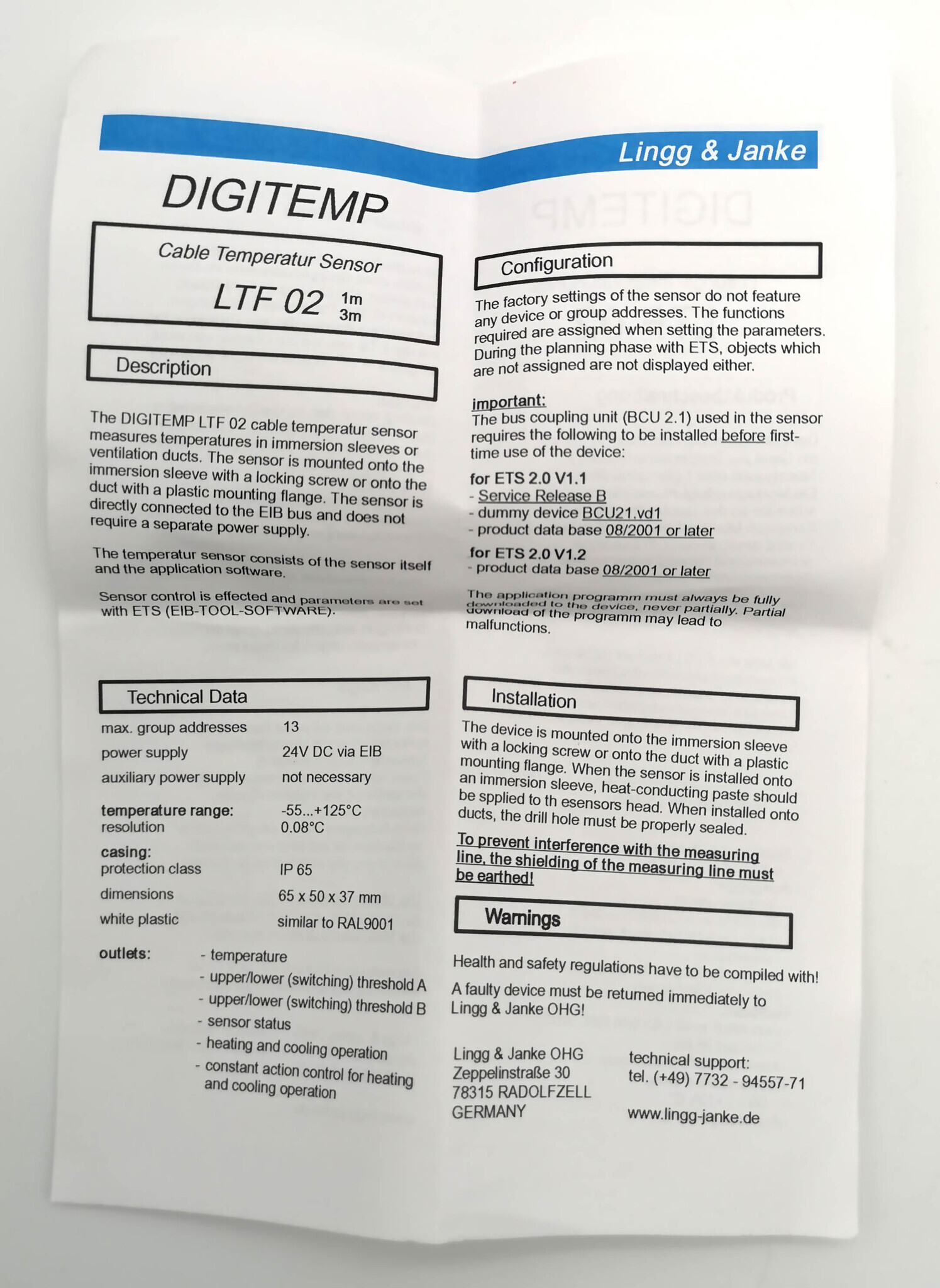 Датчик температуры KNX, LINGG-JANKE LTF02-1m -55+125оС 89104