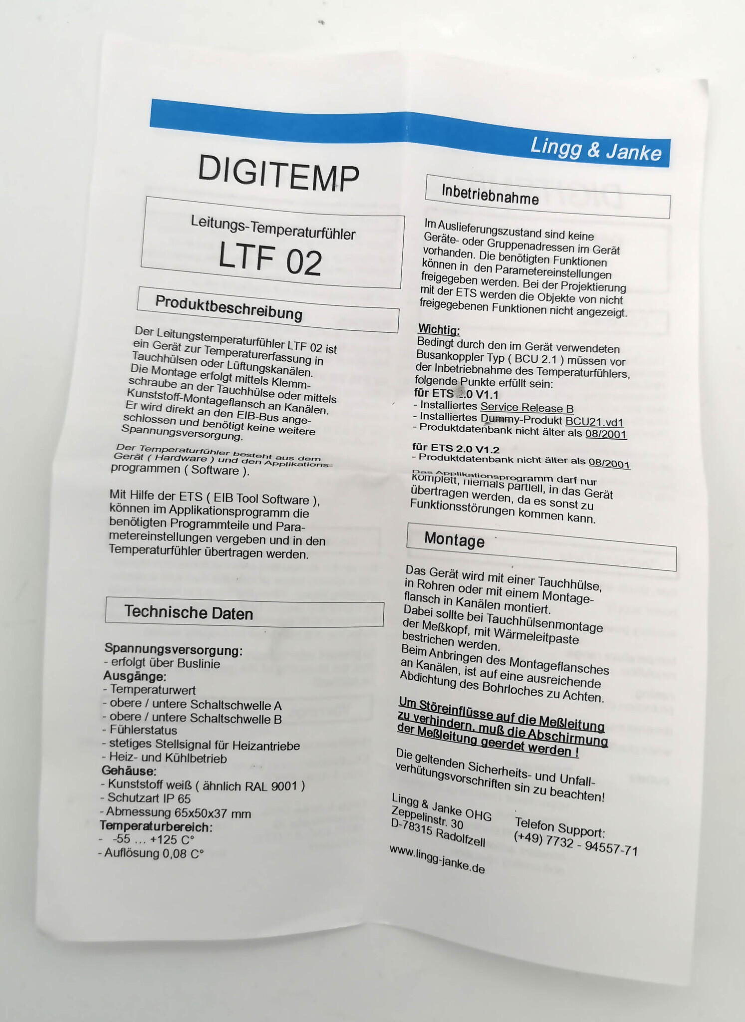 Датчик температуры KNX, LINGG-JANKE LTF02-1m -55+125оС 89104