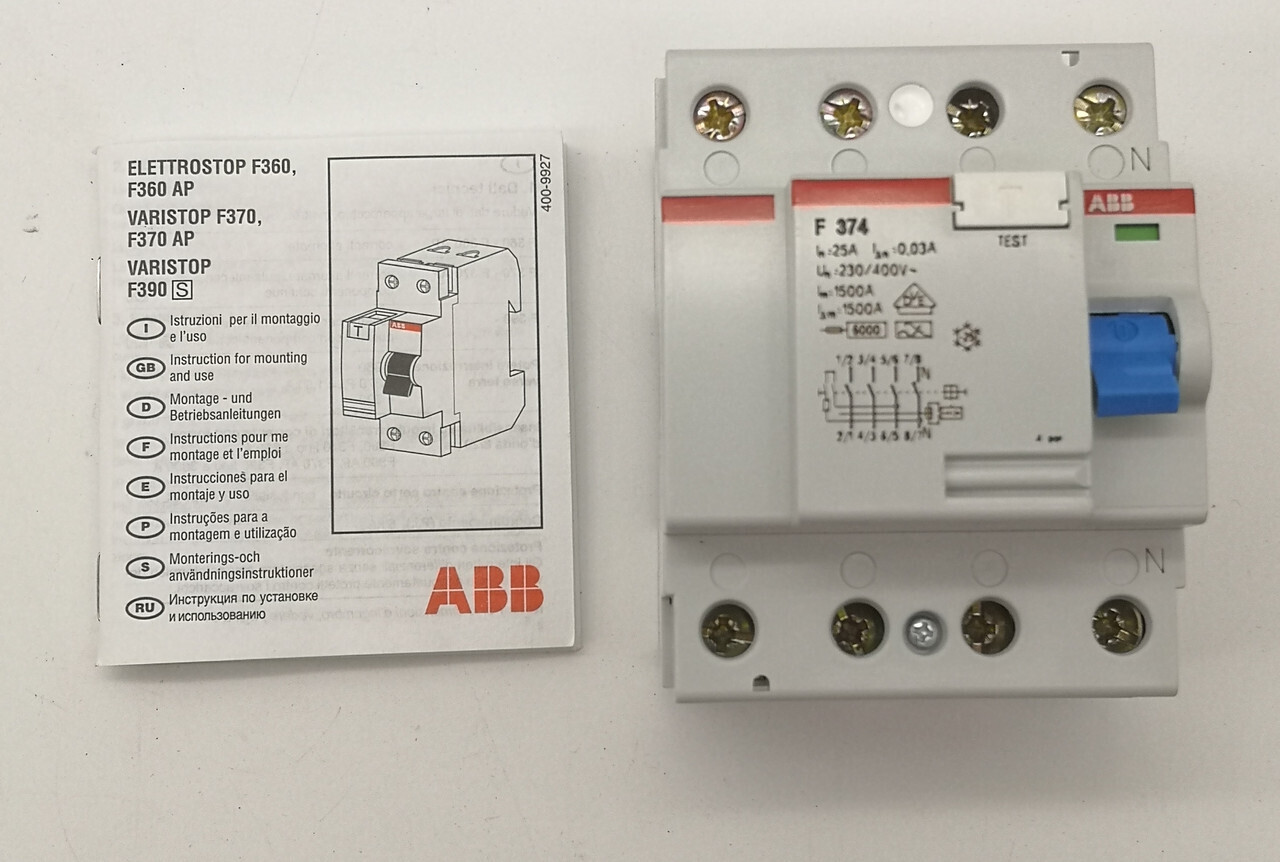УЗО 4-полюсный 25А, ток утечки - 30мA ABB F374/25/0.03 сн(374)