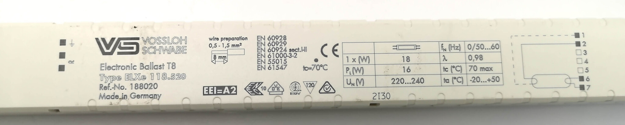 Пускорегулирующий аппарат Vossloh Schwabe ElXe 118.520 188020 T8 1x18W 220V (--)